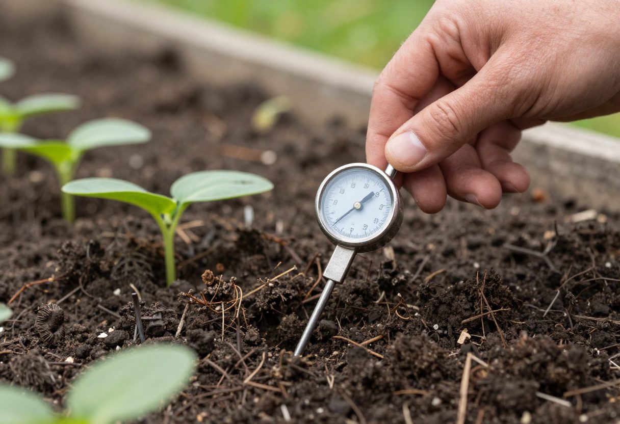 A soil thermometer inserted into garden bed soil to check spring planting readiness