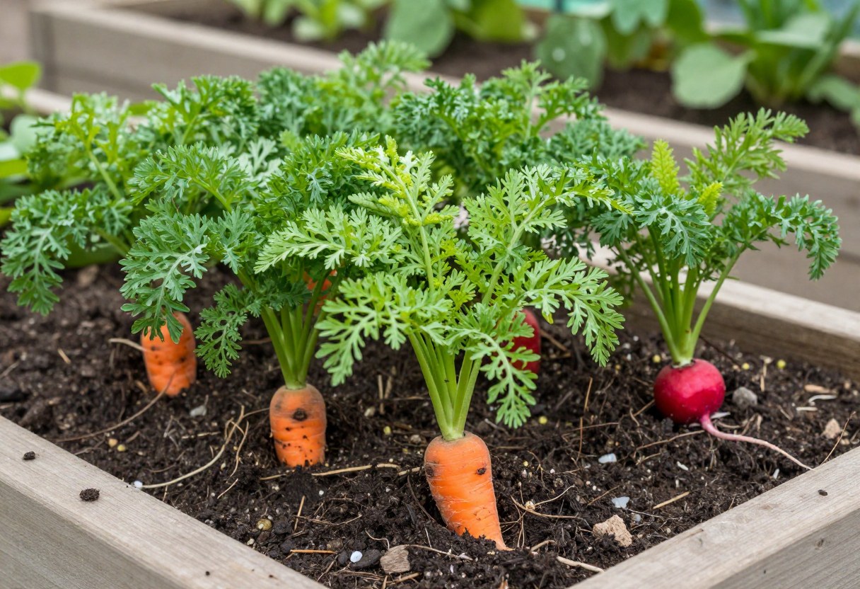 Densely planted carrots and radishes growing in a small square section of a raised garden bed