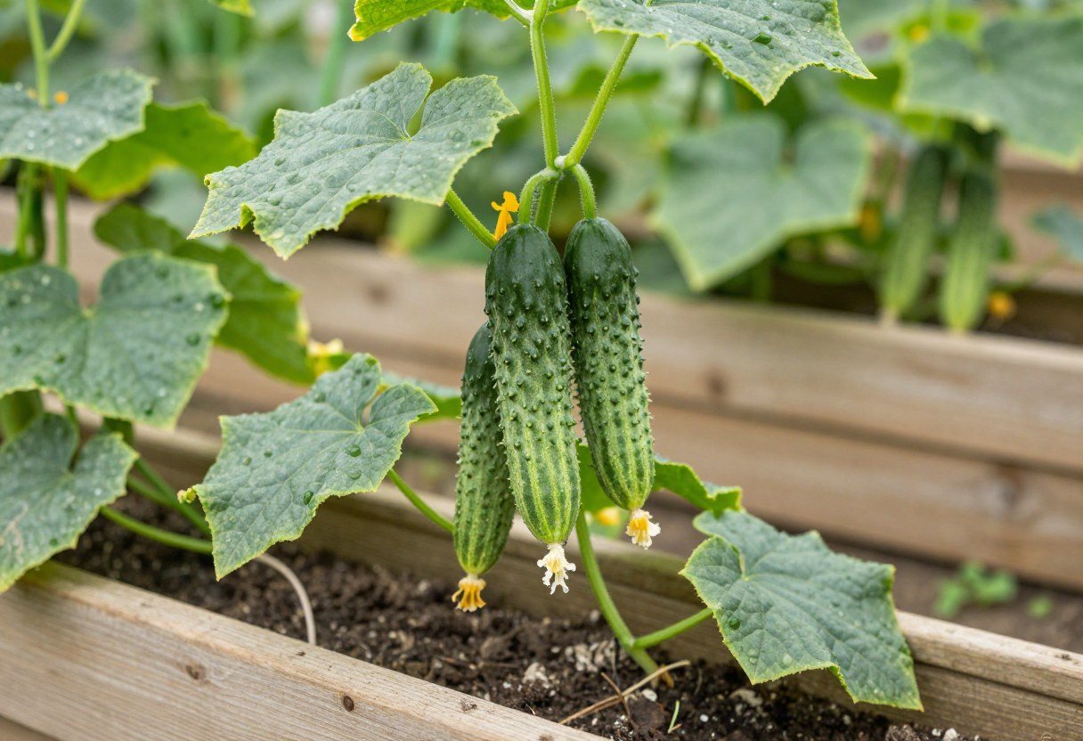 Cucumbers climbing a vertical trellis at the edge of a wooden raised garden bed
