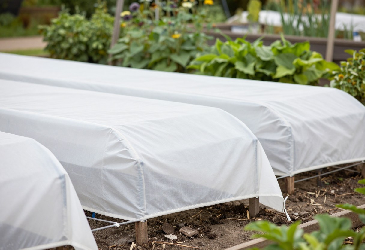 A lightweight white fabric row cover draped over hoops covering a raised garden bed
