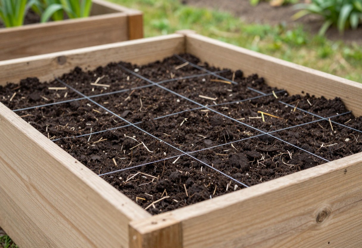 A wooden raised garden bed frame with a string grid dividing it into one-foot squares, freshly filled with dark soil