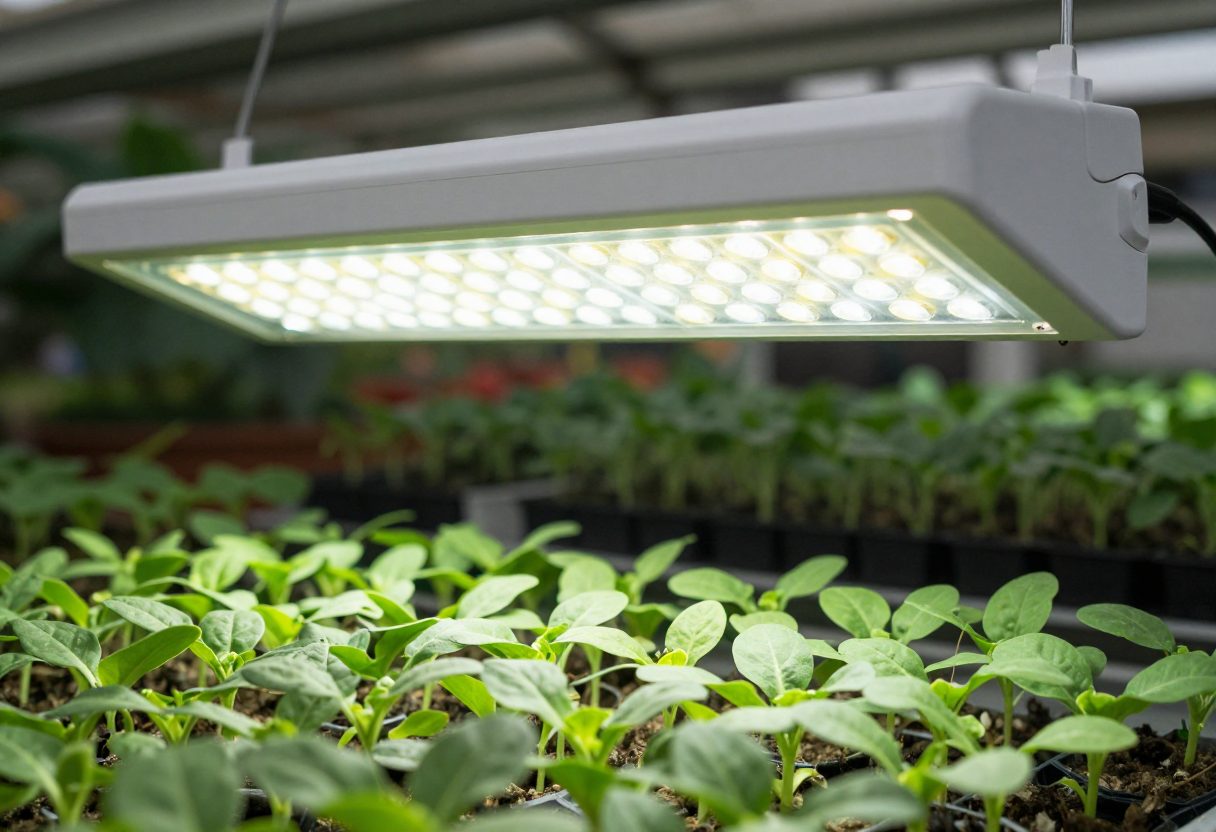 A white LED grow light bar hanging a few inches above trays of short sturdy green seedlings