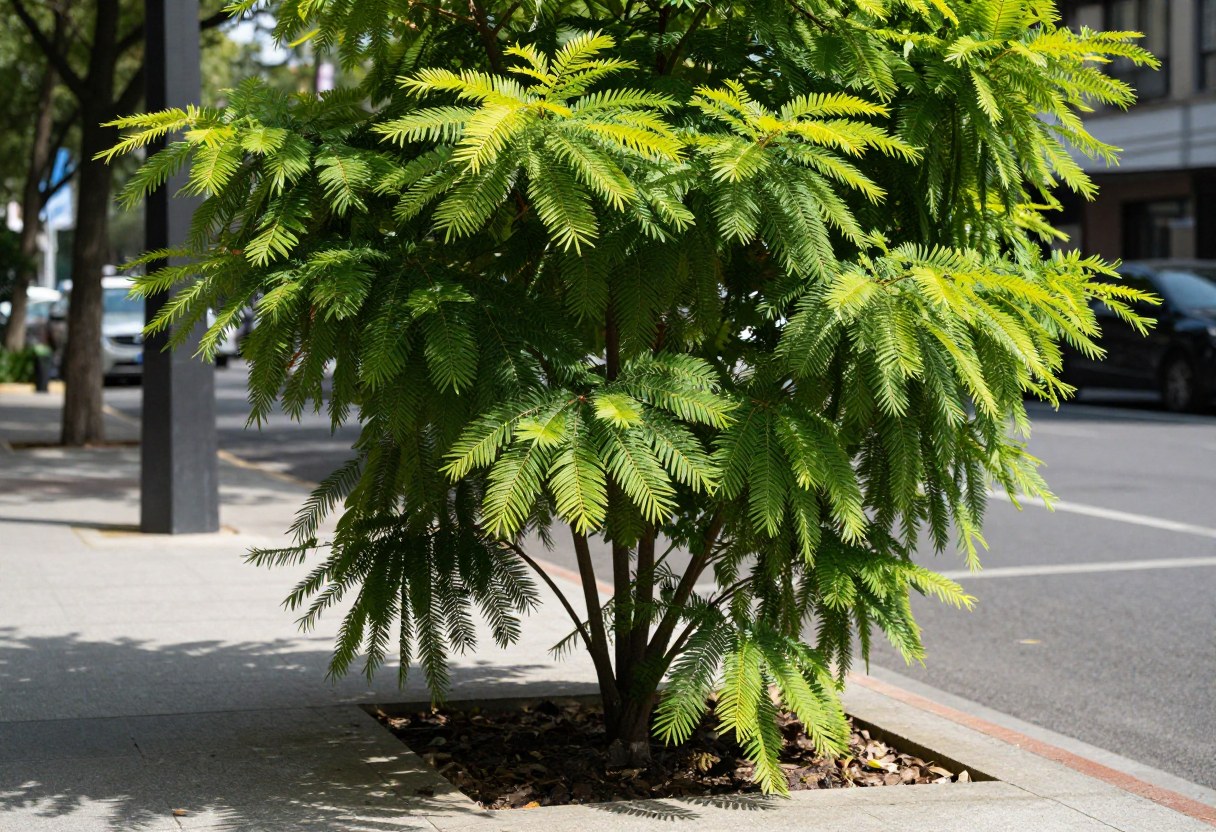 A tree with dappled light green feathery foliage growing in a sidewalk tree pit along a city street