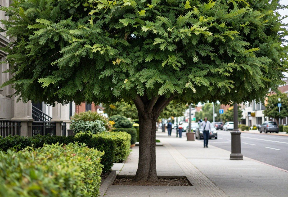 A mature street tree with a full green canopy shading a city sidewalk