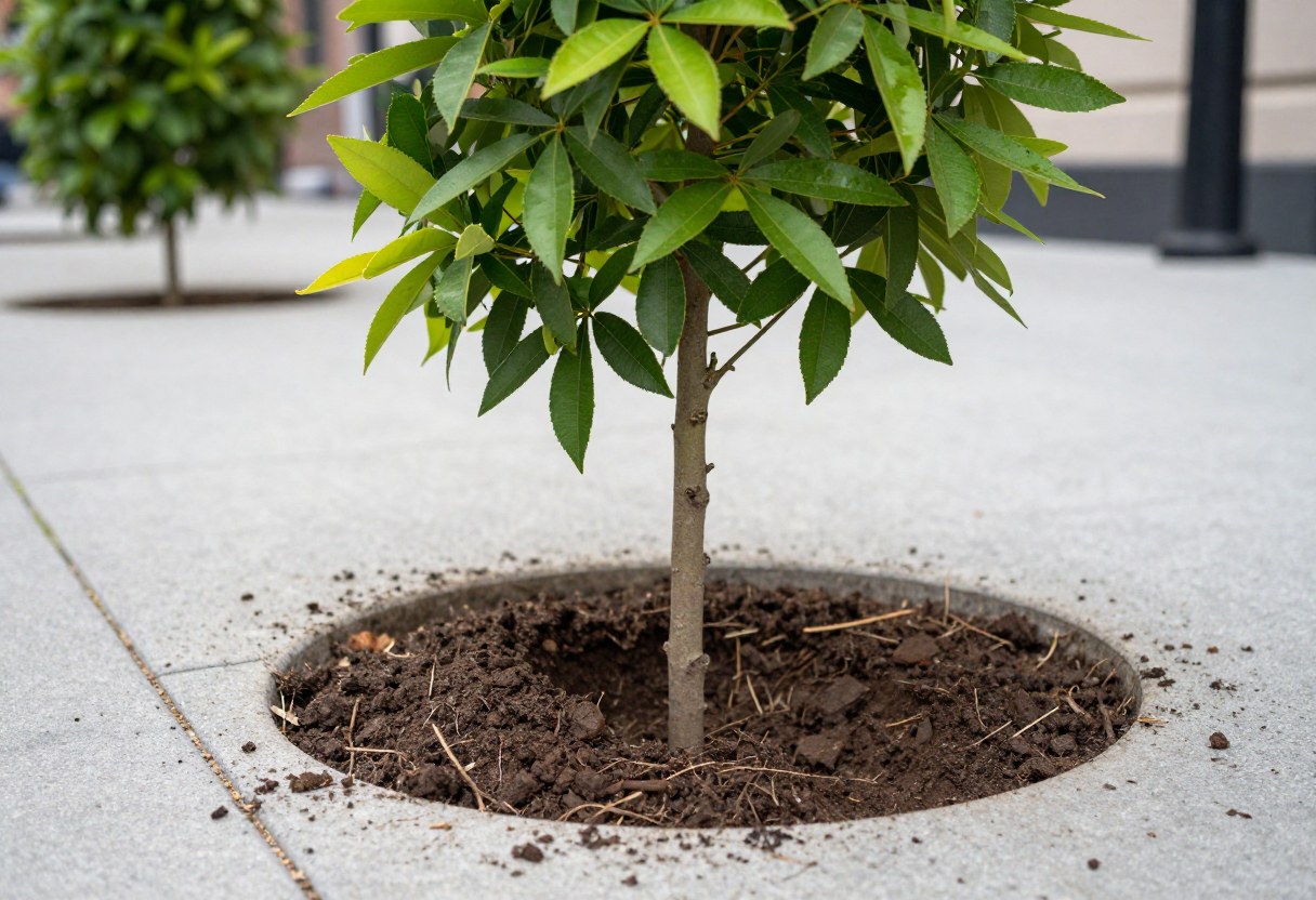 Planting a young tree into a freshly dug hole in a city sidewalk tree pit
