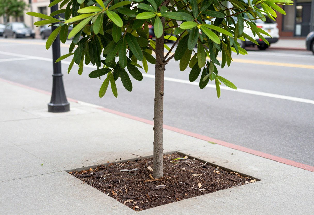 A young tree planted in a square sidewalk tree pit surrounded by pavement on a city street