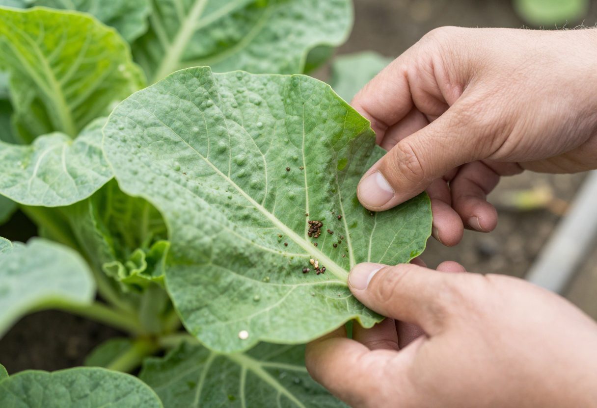 A gardener checking the underside of a leaf for early signs of pests during a garden walkthrough