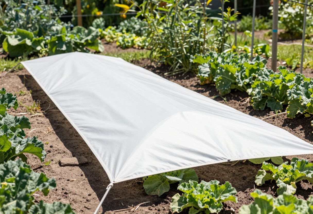 Shade cloth deployed over a vegetable garden bed during peak summer heat