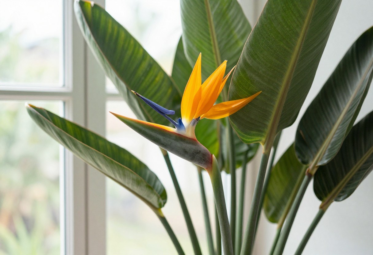 A bird of paradise plant with large paddle shaped leaves growing near a bright sunroom window