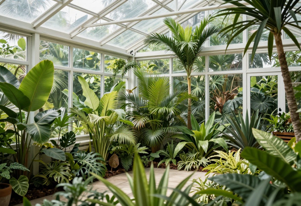A bright glass sunroom filled with lush tropical plants and large windows