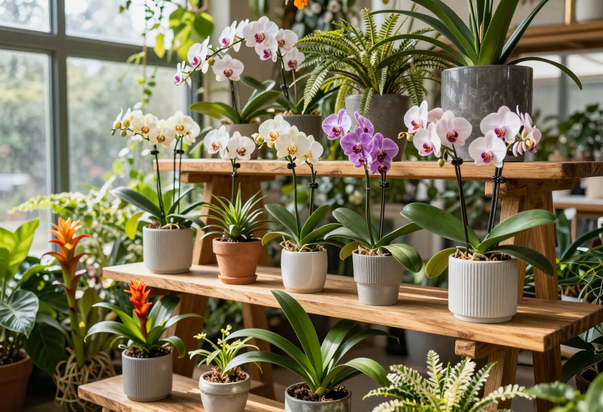 Tiered wooden shelves displaying orchids and bromeliads in a sunlit sunroom