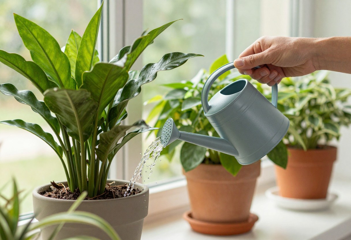 Watering a potted tropical plant with a small watering can in a sunlit sunroom
