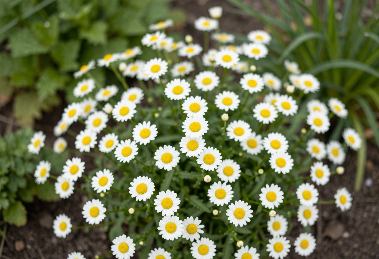Small white and yellow chamomile flowers blooming in a garden bed, close up