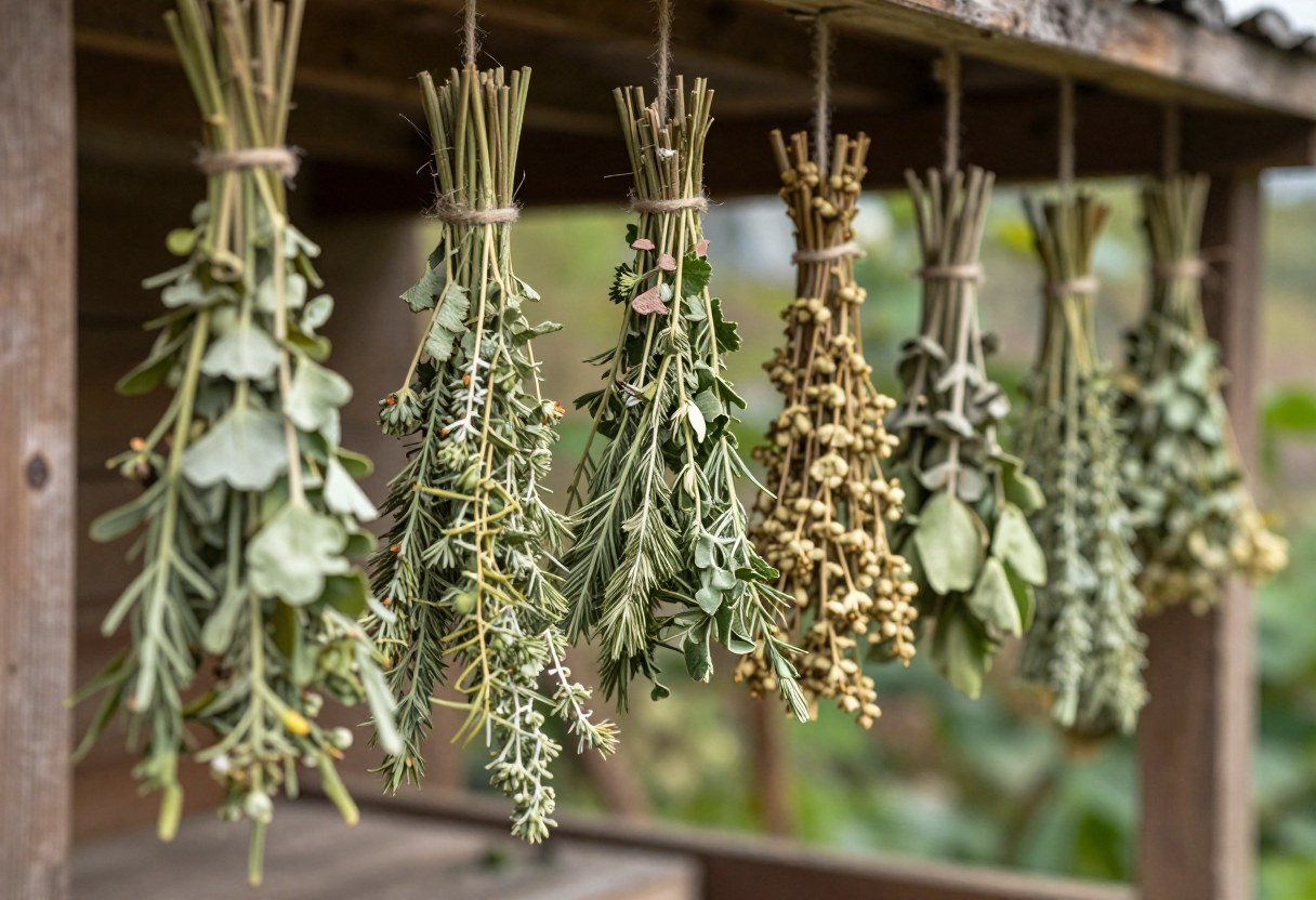 Small bundles of dried herbs hanging upside down to dry in a rustic wooden setting