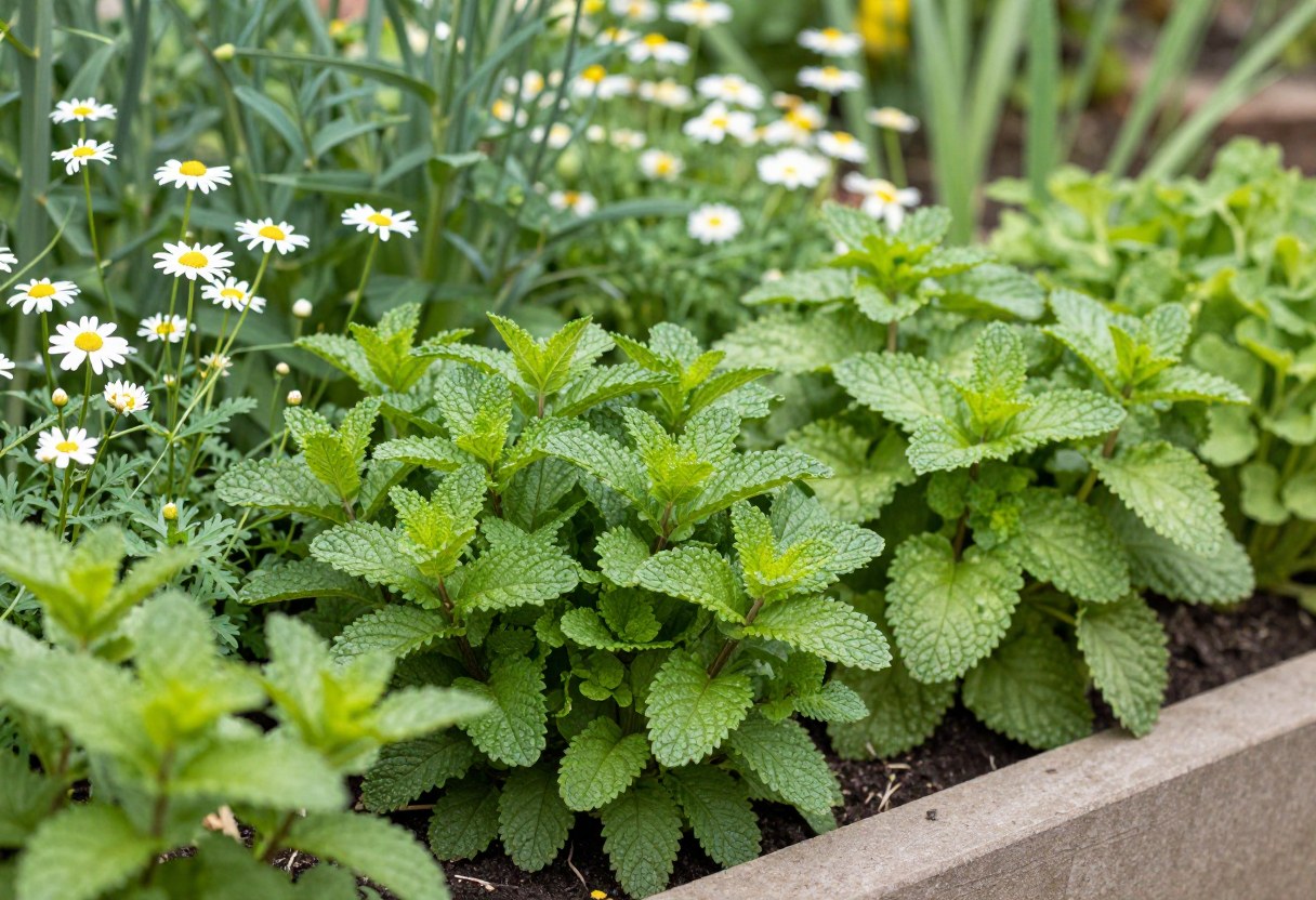 A lush herb garden bed with mint, chamomile, and lemon balm growing together in a sunny spot