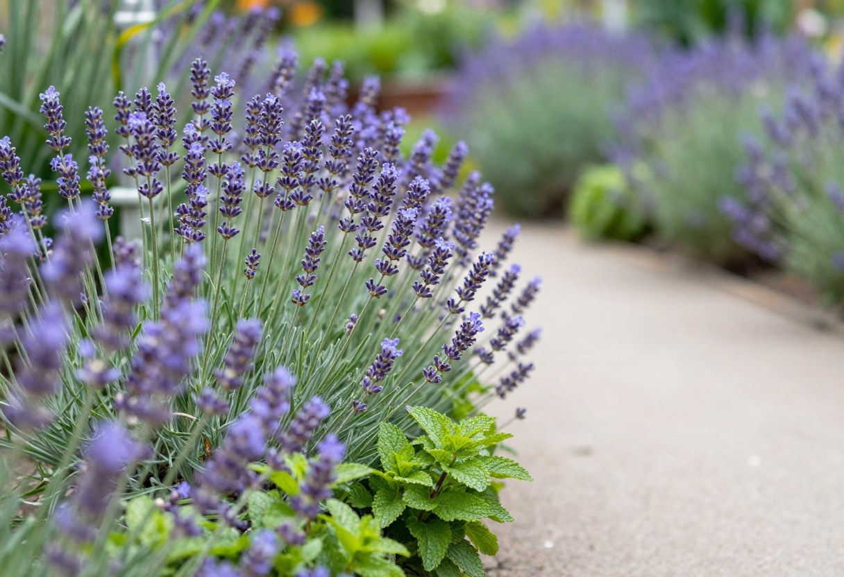 A garden path lined with blooming lavender and green mint growing along the edges