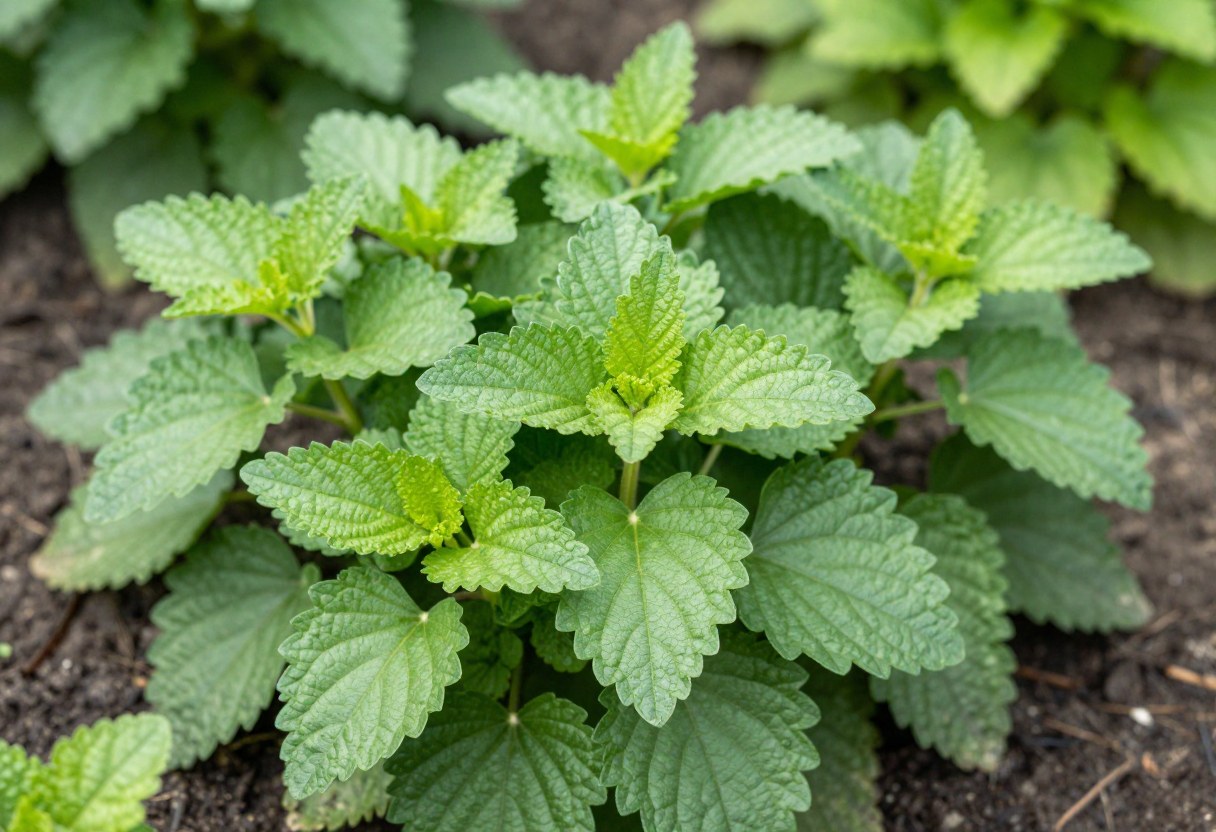 Lush green lemon balm leaves growing densely in a garden bed