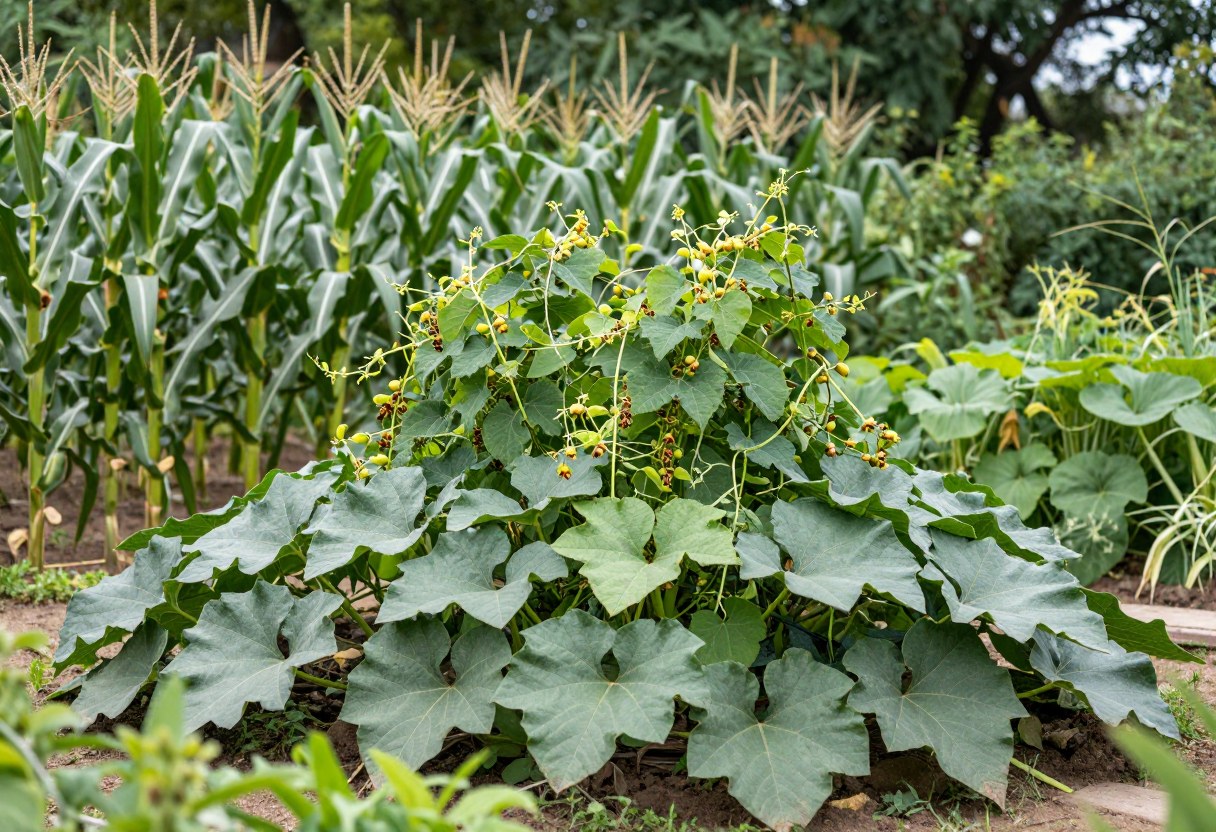 A traditional garden mound with tall corn stalks, climbing bean vines, and sprawling squash leaves growing together