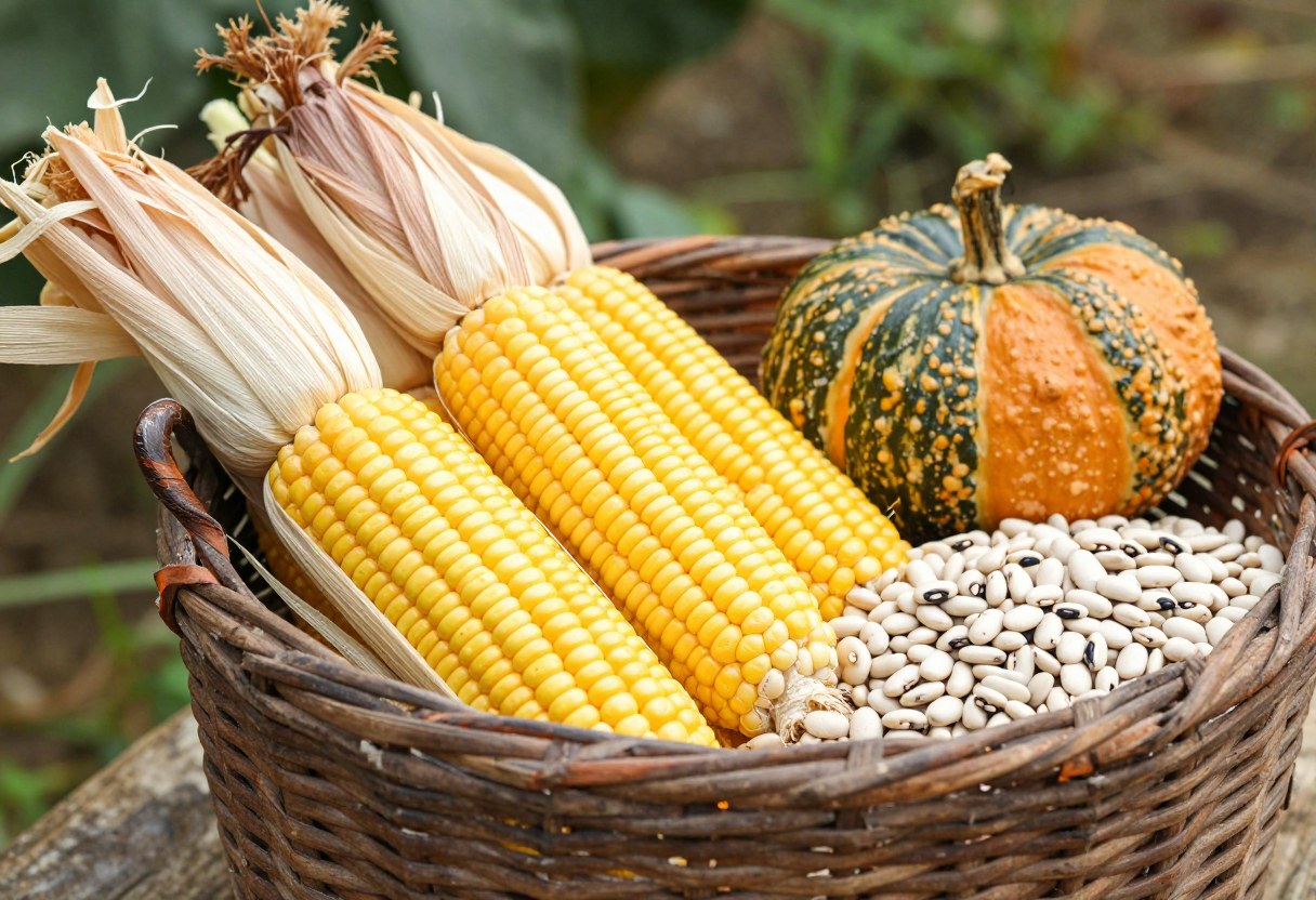 A rustic basket filled with freshly harvested corn cobs, dry beans, and winter squash