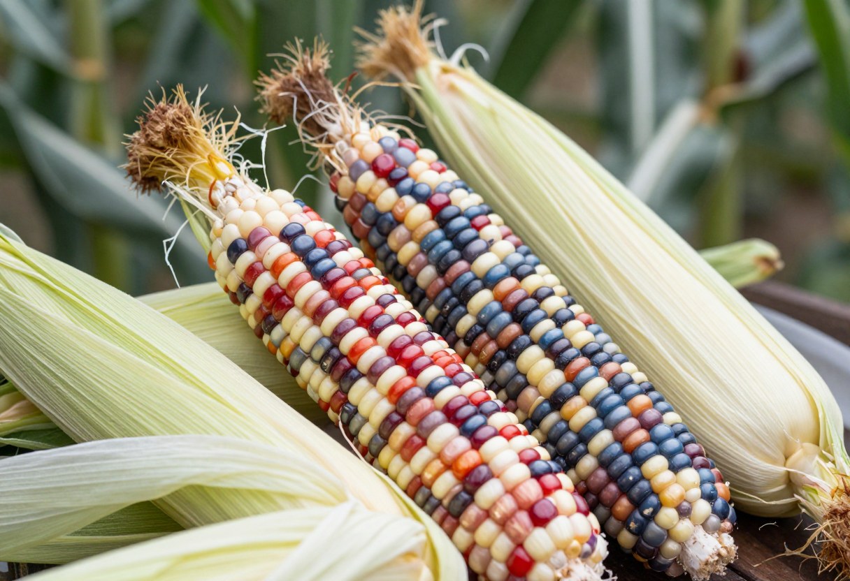 Colorful heirloom corn cobs with red, blue, and white kernels displayed together