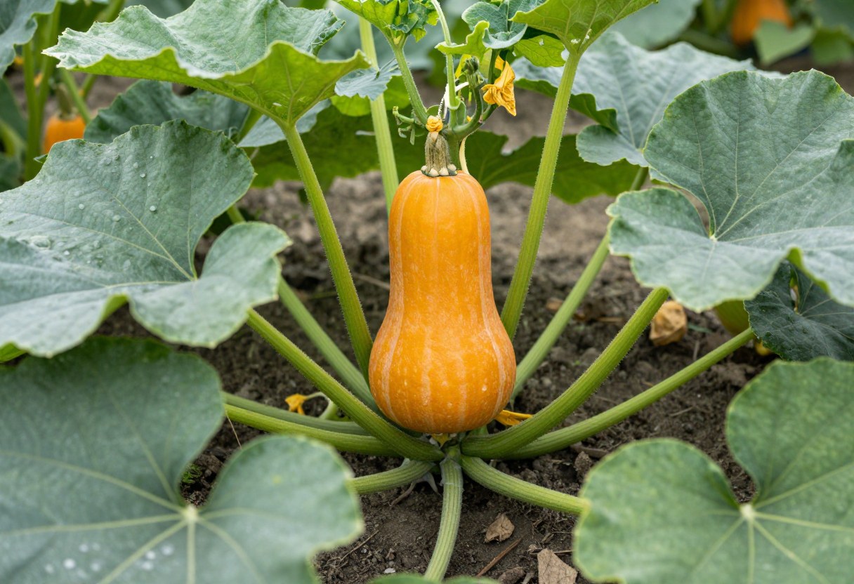 Orange winter squash growing on a sprawling vine with large green leaves in a garden