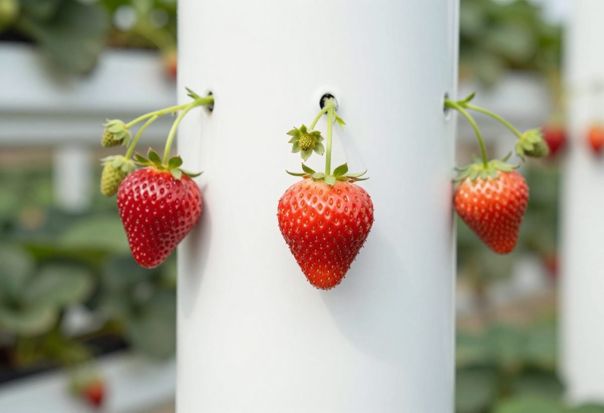Ripe strawberries hanging from the pockets of a vertical hydroponic tower