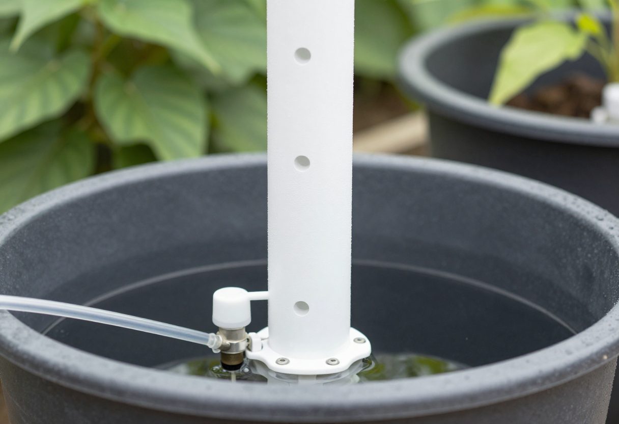 The base of a vertical hydroponic tower showing a reservoir with a pump and tubing