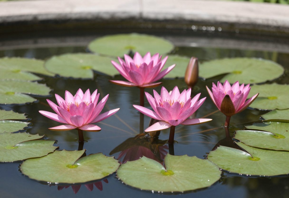 Pink water lilies blooming on the surface of a backyard garden pond