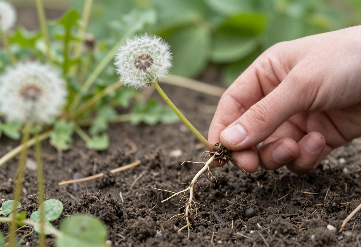 A hand pulling a dandelion weed with its long taproot visible from garden soil
