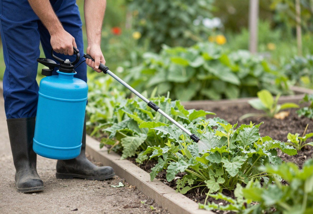 A gardener using a hand pump sprayer to treat weeds along a garden bed edge
