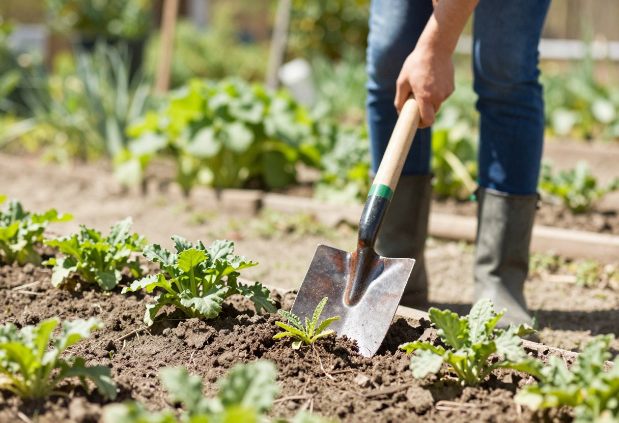 A gardener using a hoe to remove small weeds from a sunny garden bed