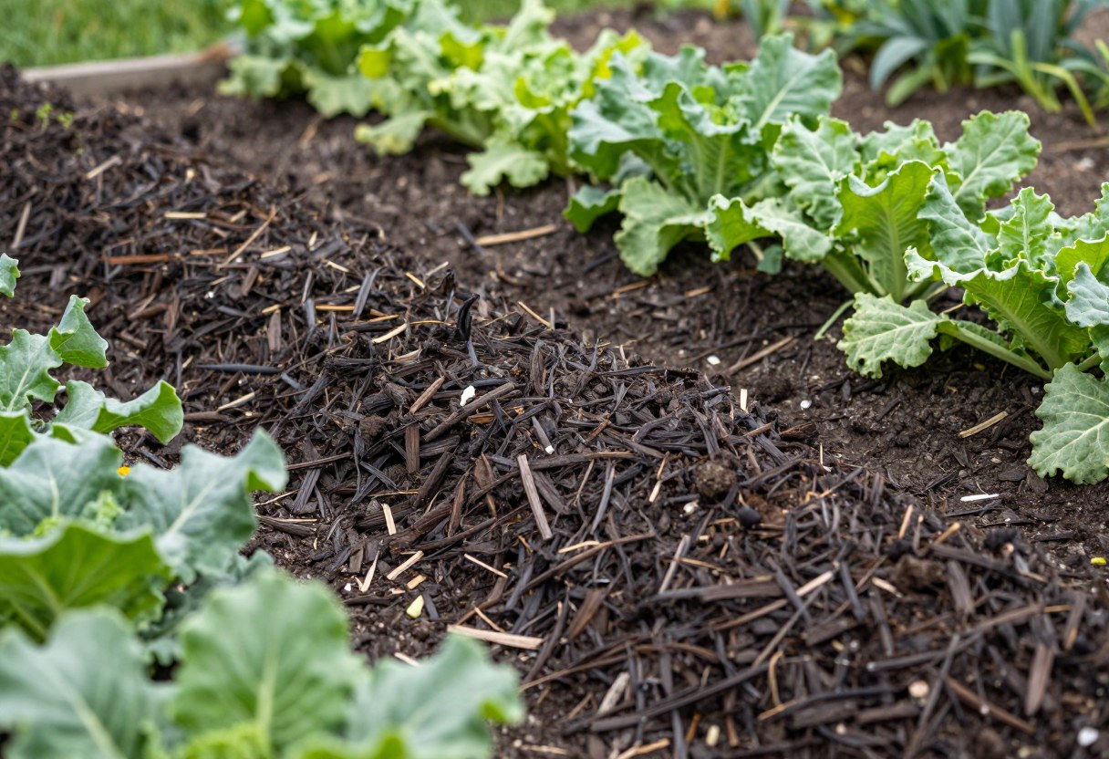 A thick layer of dark mulch covering a weed-free garden bed around vegetable plants