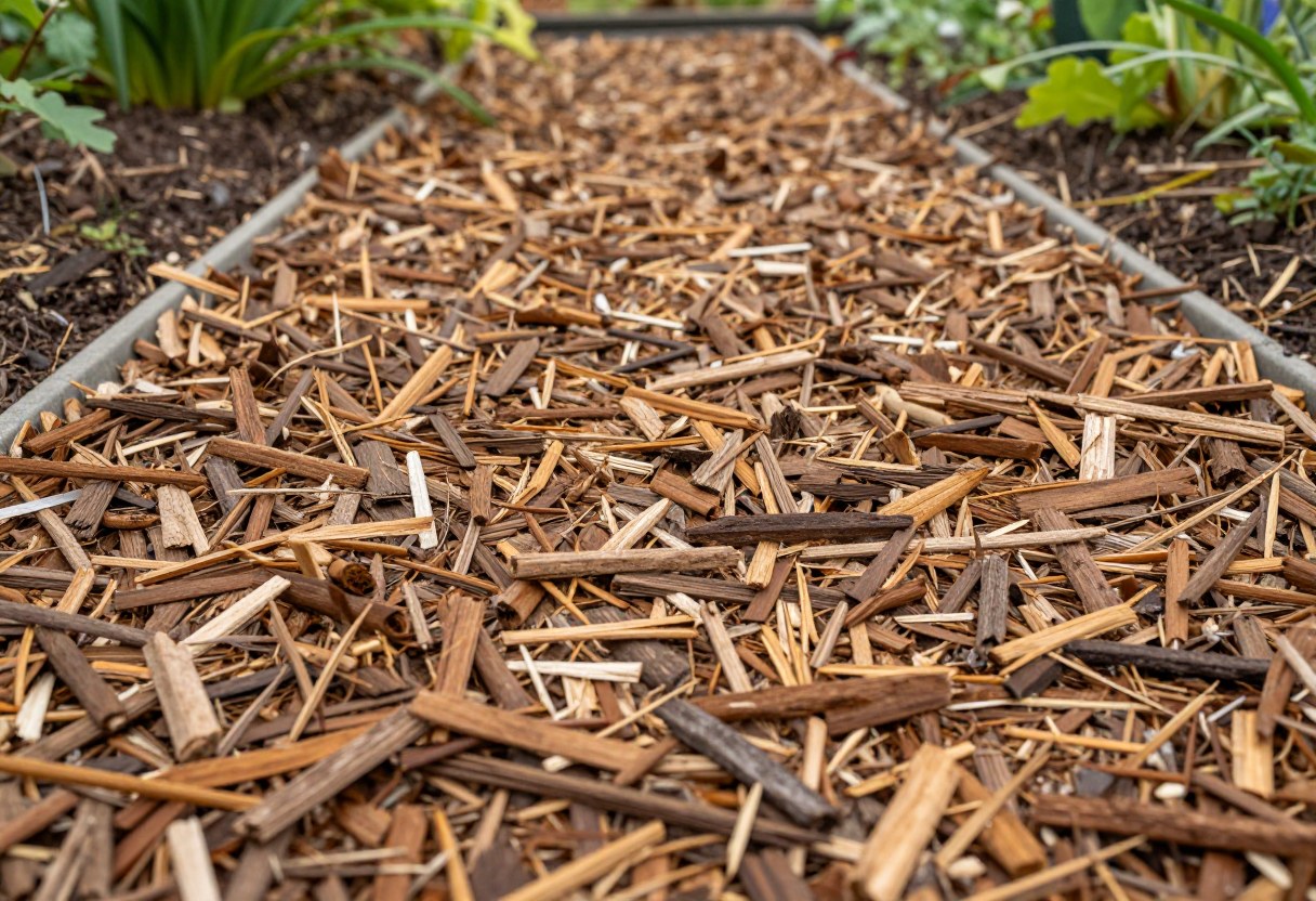A thick layer of wood chip mulch covering a garden path and bed edges