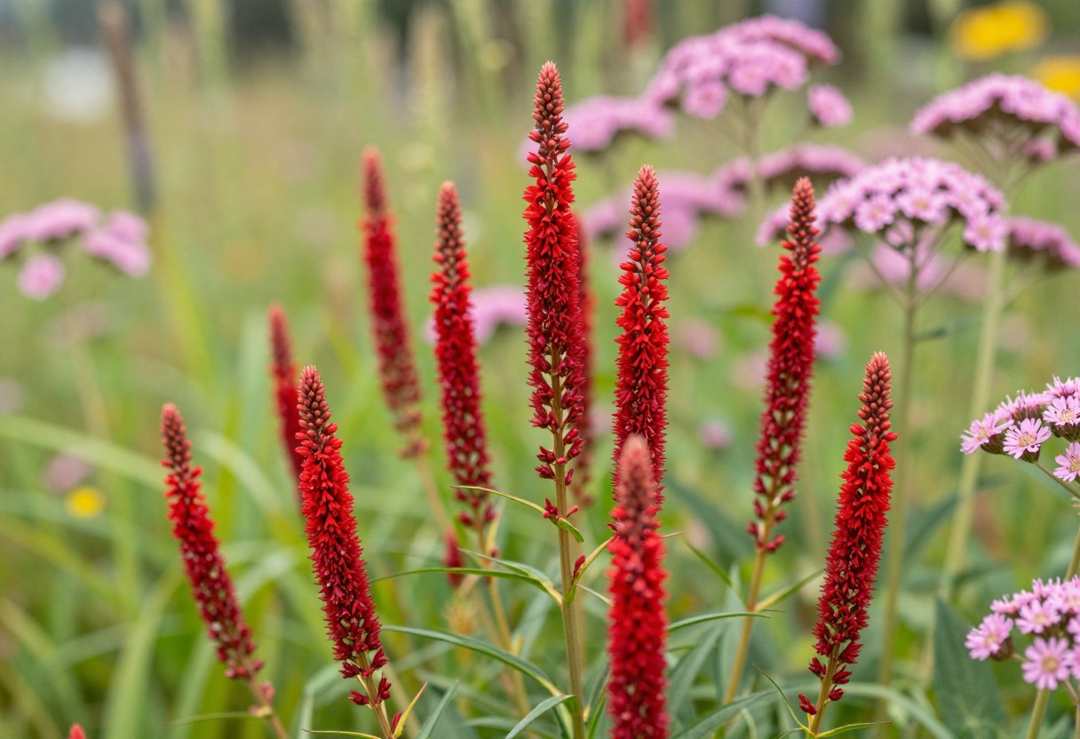 Bright red cardinal flower and pink joe-pye weed blooming together in a native wildflower meadow