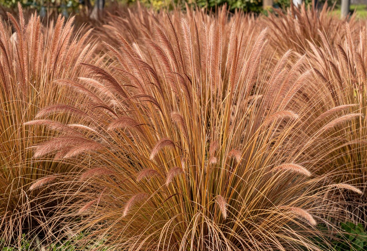 Native ornamental grasses with copper and gold fall color swaying in a meadow