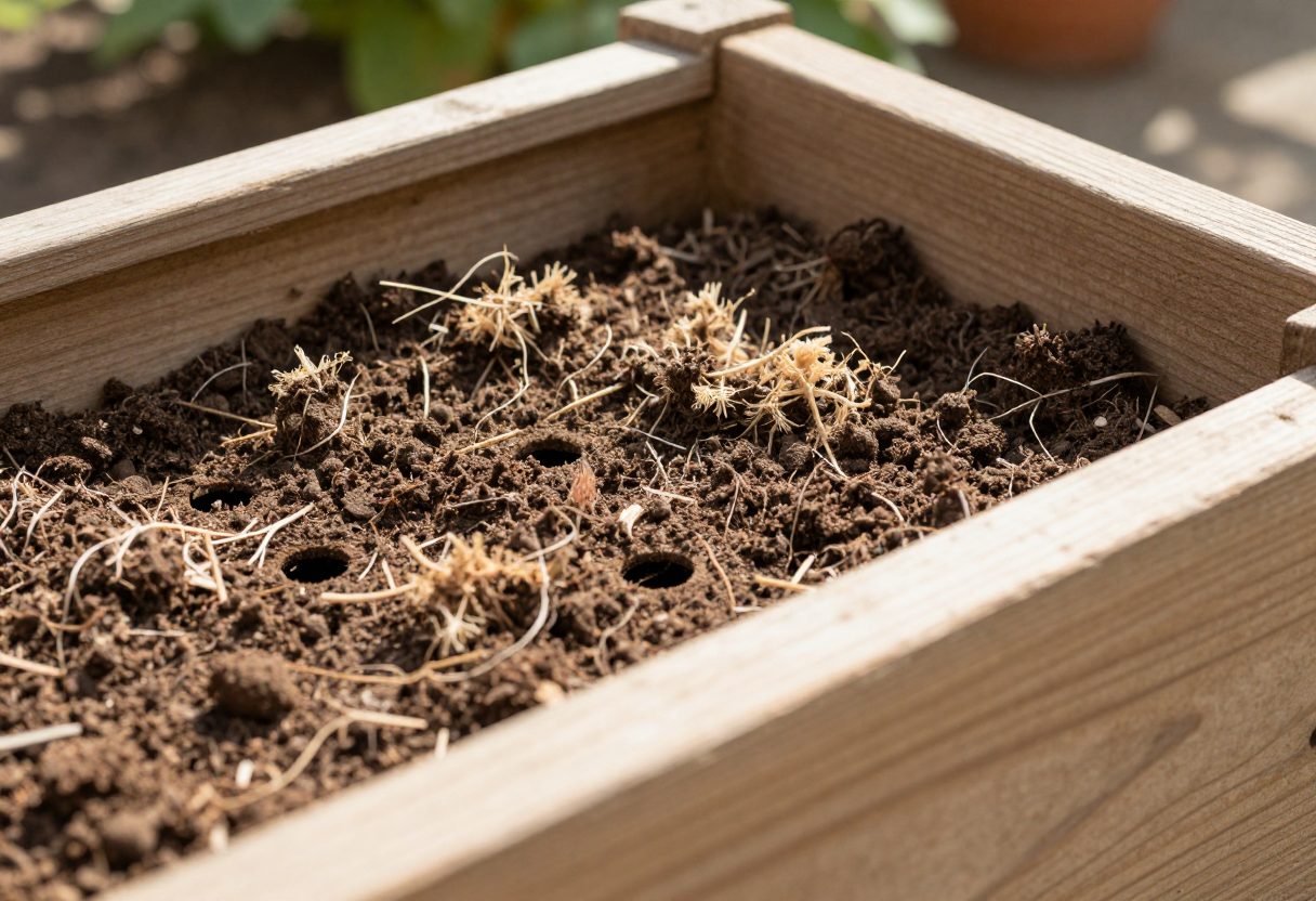 Close-up of a window box with visible drainage holes and light, well-draining potting mix