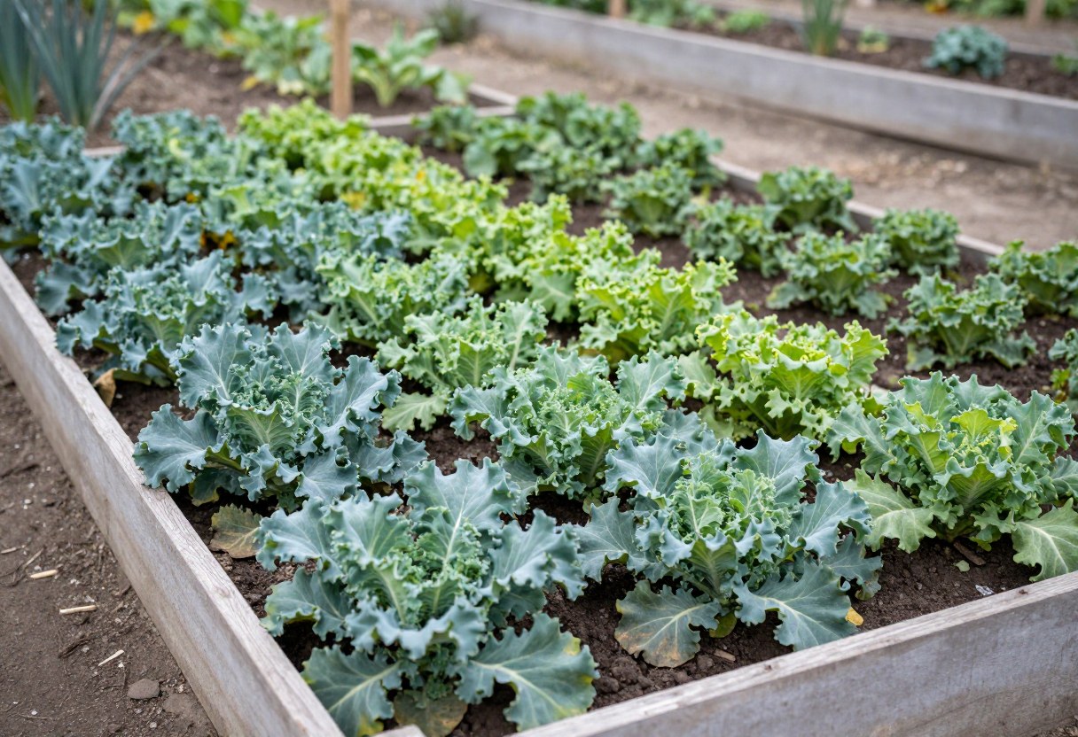 A cold frame protecting rows of kale and greens in a winter vegetable garden