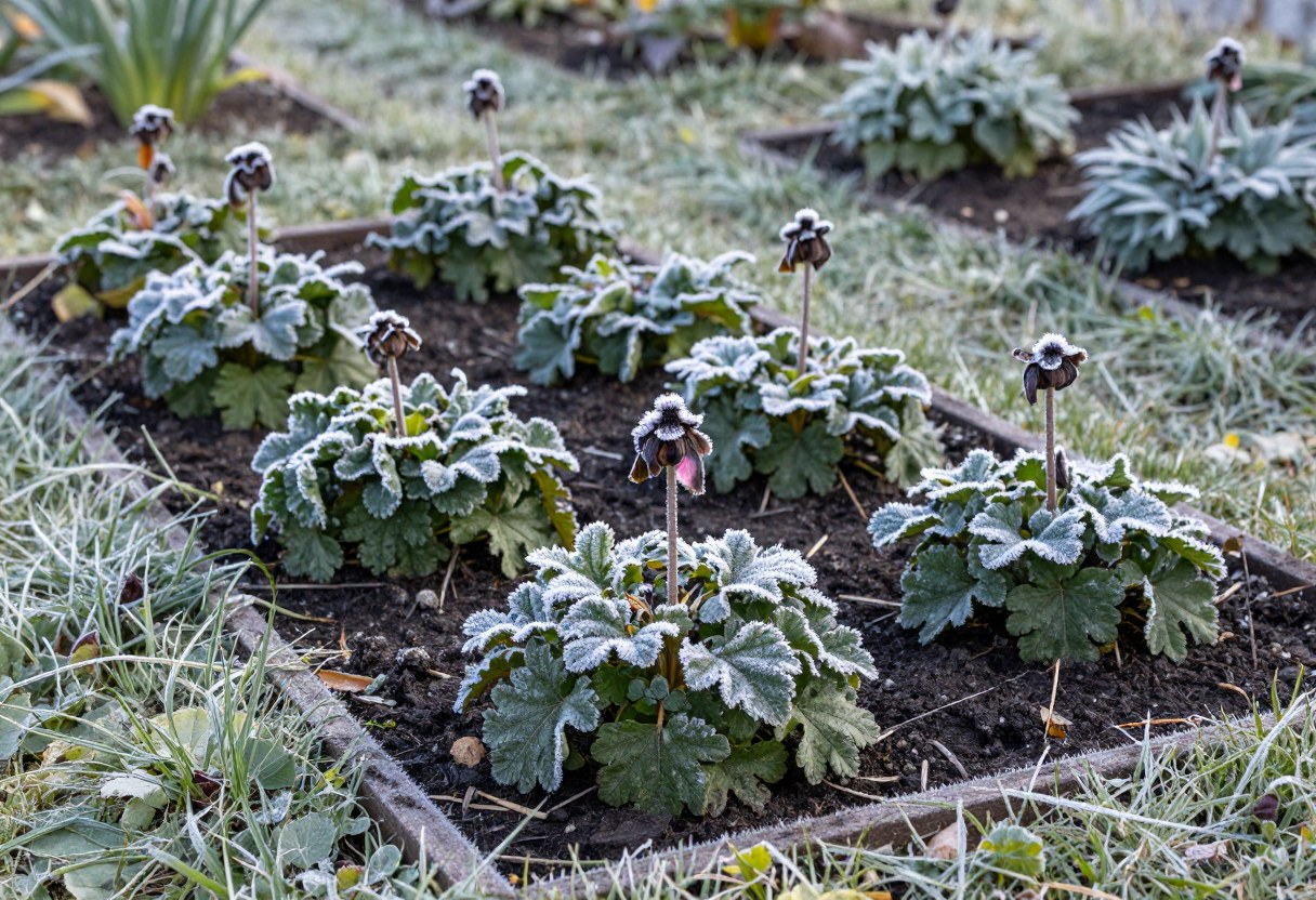 A garden bed covered in frost on a cold winter morning with dormant perennials