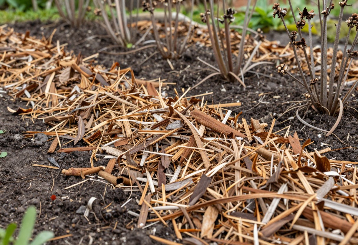 Shredded leaf mulch spread thickly around dormant perennial plants in a garden bed