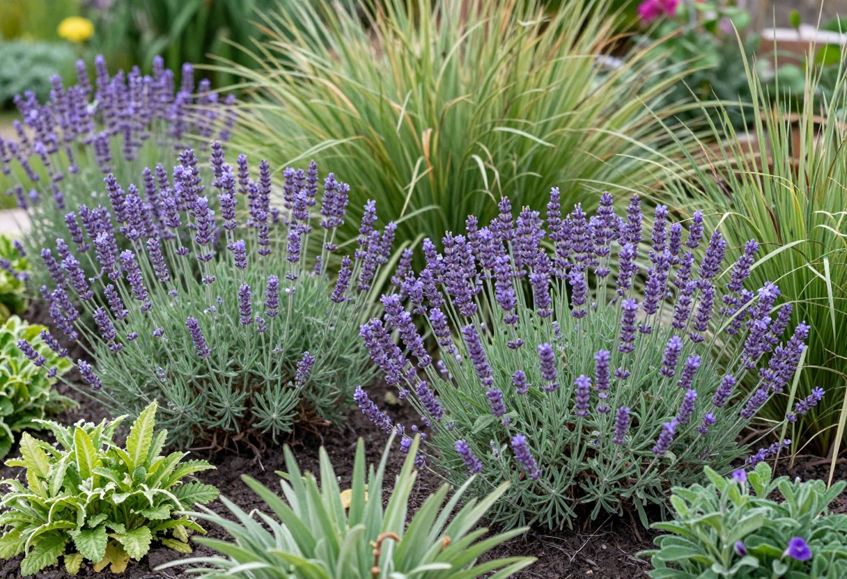 A lush drought-tolerant garden bed with blooming lavender, sage, and ornamental grasses