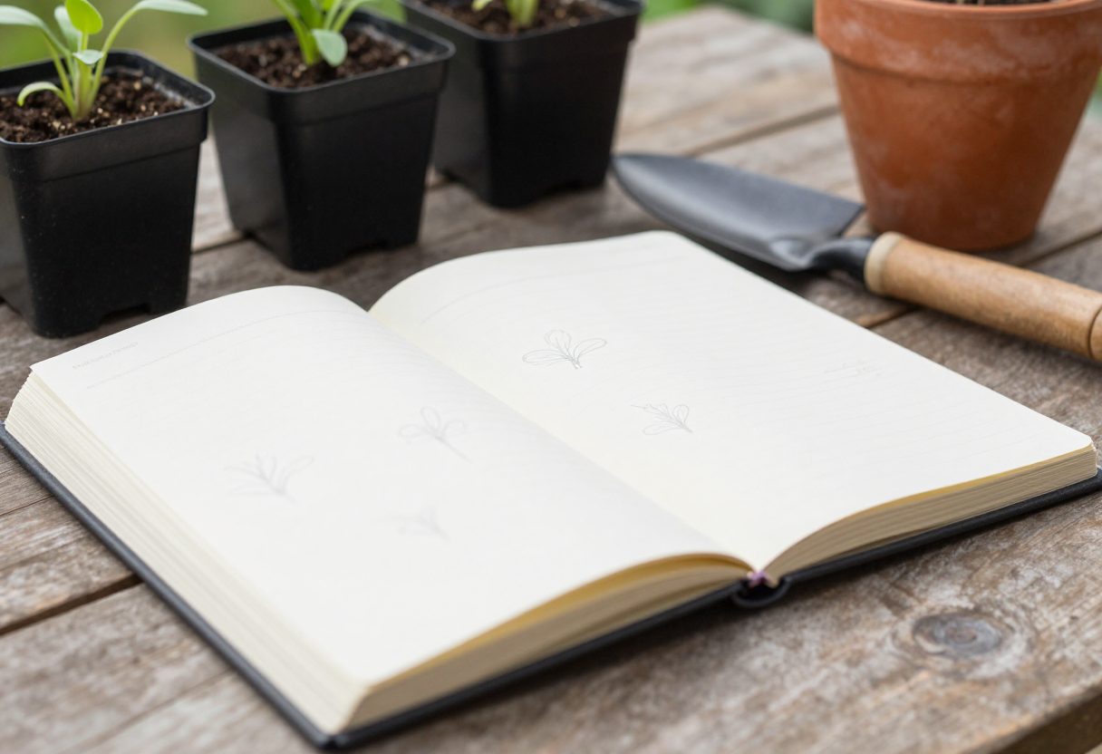 A gardening journal with handwritten notes tracking planting dates and harvest results across seasons