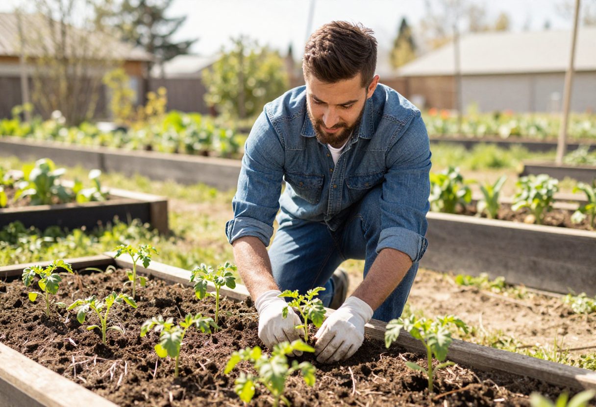 A gardener transplanting tomato seedlings into a garden bed in late spring