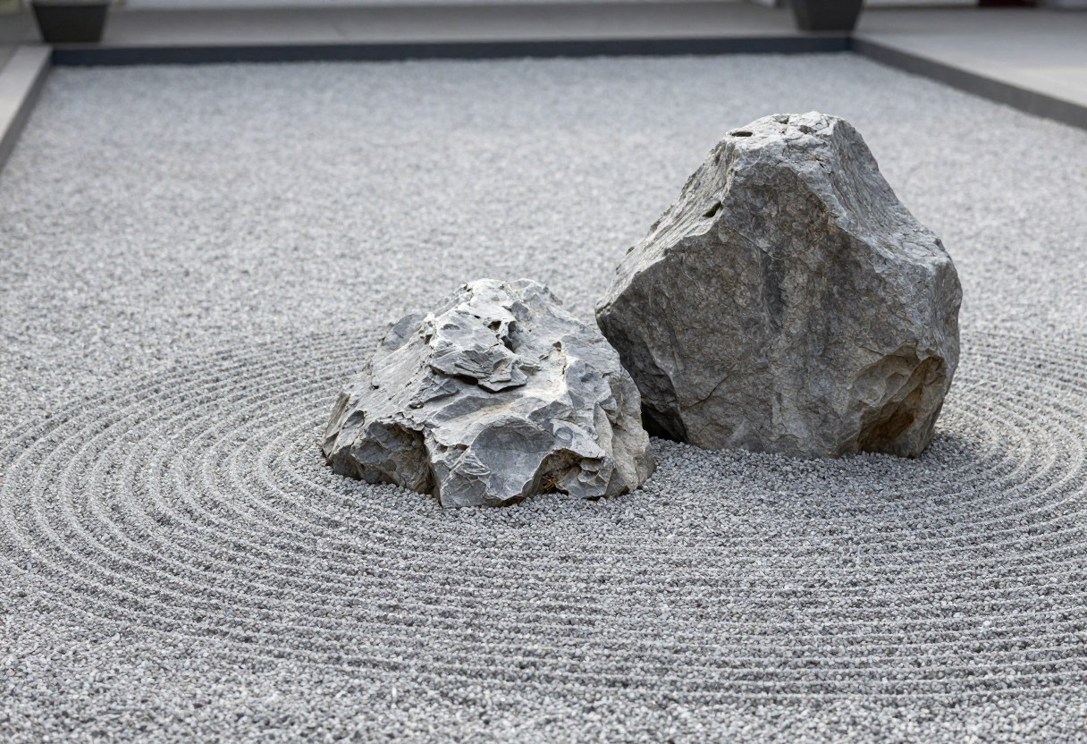 Carefully raked concentric gravel patterns around stones in a dry karesansui garden