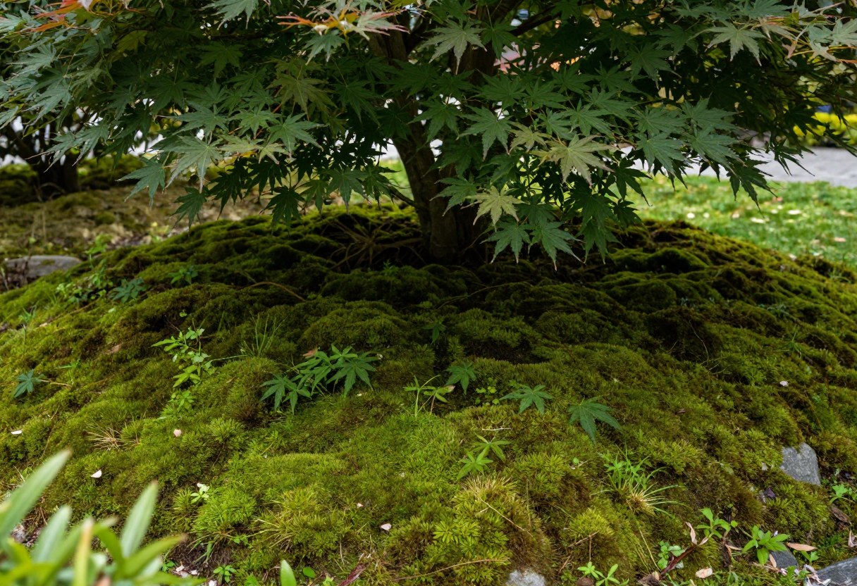 Lush green moss groundcover beneath a Japanese maple in a shaded garden setting