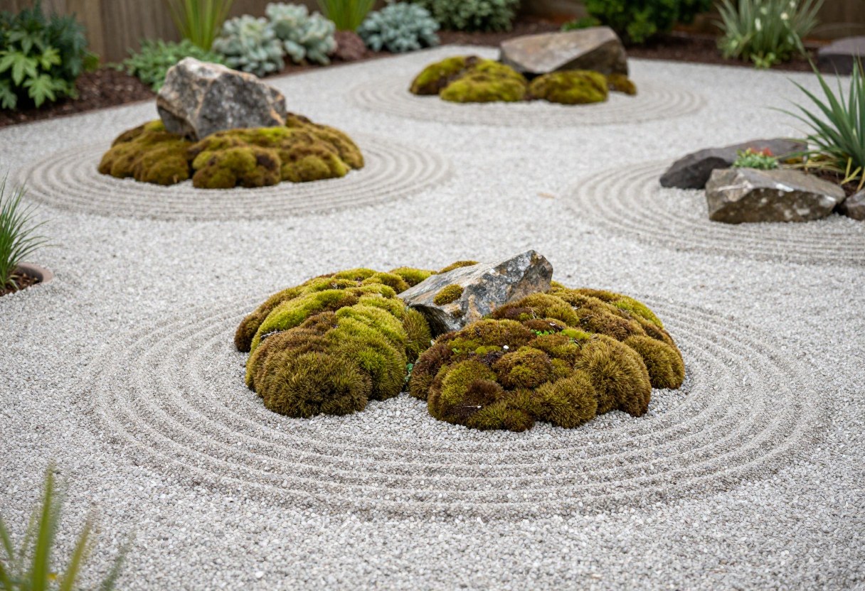 A meticulously raked gravel garden with a composed arrangement of moss-covered stones