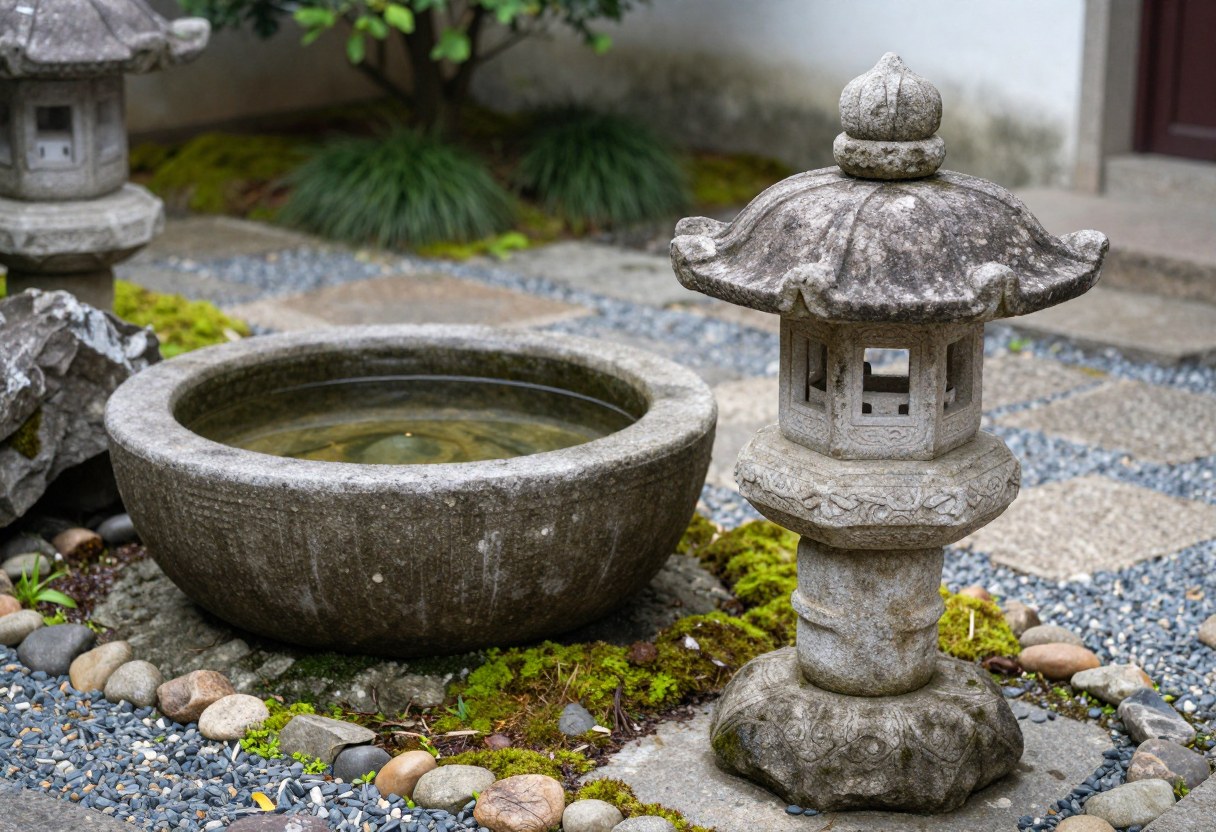 A traditional stone lantern beside a low water basin surrounded by moss and small stones
